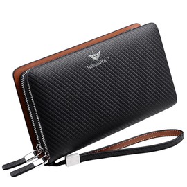 Hana Luxury Italian Long Wallet, Genuine Leather, Coin Purse Included, Multi-functional, Portable, Large Capacity, 2-Way Chain, Double Round Zipper, Second Bag, Men's, Leather Clutch Wallet, Storage