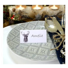 Stag Christmas Place Cards in White - Reindeer Dinner Party Guest Name Card - Pack of 12
