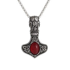 Viking Thor Hammer Necklace, Red Cabochon Pendant Norse Amulet Mjolnir