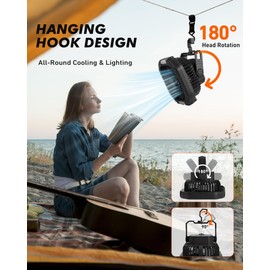 Rechargeable Camping Tent Fan with LED Lantern, 7800mAh Battery Operated Fan with Hang Hook & Remote, Portable Ceiling Tent Fans with Remote for RV Emergency Car Office Hurricane