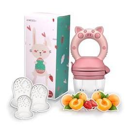 Chupón Para Fruta Y Papilla con Seguro Y Tapa Dibujos Animados, Libre de BPA (ROSA)
