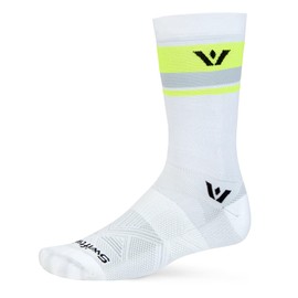 Swiftwick- ASPIRE SEVEN Cycling Socks, Firm Compression Fit, Tall Crew (White Hi-Viz Stripe, Medium)