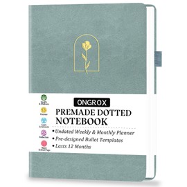 Premade Bullet Style Notebook with Undated Weekly & Monthly Planner, Dotted Journal with Pre-made Bullet Planner Stencils, Dot Grid Journaling with Habits & Mood Tracker, 12 Month Organization, A5