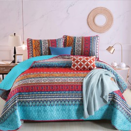 WONGS BEDDING Bohemian Quilt Set Queen Size, Boho Striped Pattern Quilts Bedspread Set for All Season, Soft Microfiber Bedding Coverlet Set 96"x90"(3 Pieces, Queen)