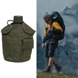 Water Canteen Portable Leakproof 1L Aluminium Canteen with PE Cap & Oxford Pouch Multi-Purpose Water Bottle for Camping, Hiking, Mountain Climbing, Outdoor Flat Bottle