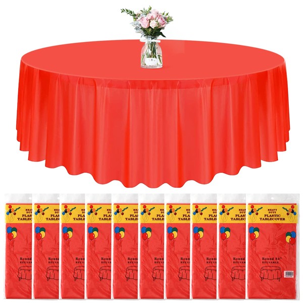 Newthinking 84 Inch Round Disposable Table Cloth Red, 8 Pack Plastic Round Disposable Tablecloth for Circular Table Wedding Banquet Party Birthday