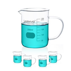 LABINVO Glass Beaker with Handle, Vol. 250ml, 3.3 Borosilicate Griffin Low Form with Printed Graduation,Pack of 4,IN-BKLH250B