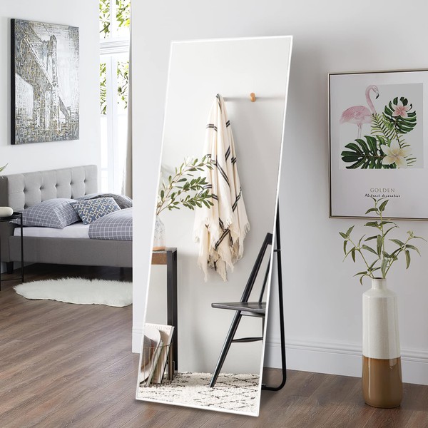 NeuType Full Length Mirror, 59"x16" Full Body Mirror with Stand Floor Mirror Full Length Standing Mirror Wall-Mounted Mirror Hanging or Leaning Against Wall Aluminum Alloy Thin Frame (White)