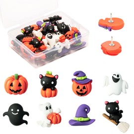 Haooryx 32PCS Christmas Themed Push Pins Decorations Funny Pumpkin Ghost Black Cat Christmas Decorative Pushpin Resin Thumb Tacks for Cork Board Photo Wall Bulletin Board School Thumbtack Supplies