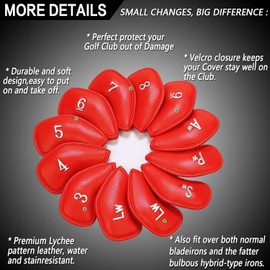 Golf Club Headcovers Iron Synthetic Leather Deluxe Value 12 Pack Color Red, Golf Head Covers with Number Printed Durable Light for Men Women Color Black Blue Red Universal Fit All Irons Clubs (Red)