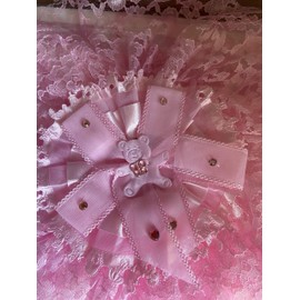 BM Ricami - Bow for Birth Girl Pink Lace Organza and Rhinestones Size XL 27 x 60 cm