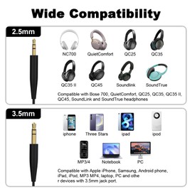 Learsoon QC45 Headphone Audio Cable Replacement Extension Aux Cord Compatible with Bose On-Ear 2/OE2/OE2i/Quietcomfort QC25/QC35/QC35II/QC45/Soundlink/SoundTrue Headphones (Black)