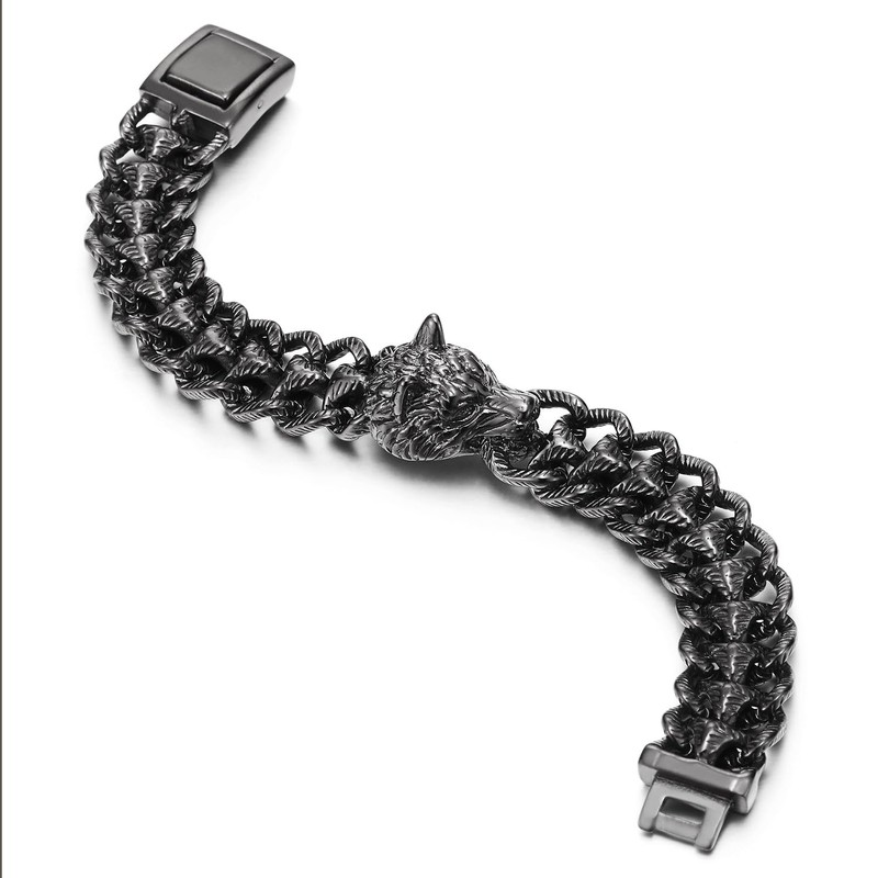 COOLSTEELANDBEYOND Men's Black Stainless Steel Wolf Head Bracelet, Textured Scale