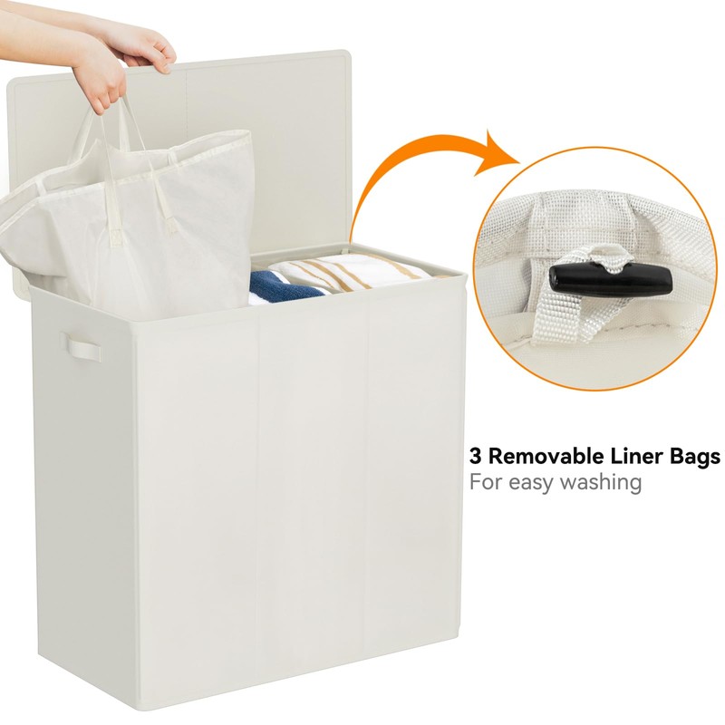WOWLIVE 180L Laundry Hamper with Lid 3 Section,Large Laundry Basket