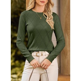 Dokotoo Women's Sweaters Long Sleeve Hollow Out Knit Sweater Old Money Clothes Crewneck Wool Blend Lightweight Tops Soft Business Casual Fall Winter Jumper School Outfits for Teachers Green X-Large