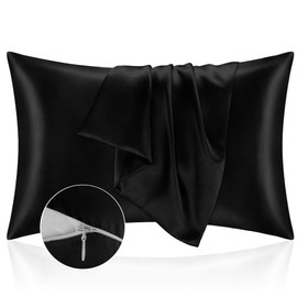 Satin Cushion Cover Bed 50 x 70 cm, Satin Cover Protects Skin and Hair, Oeko-Tex® Certified, Super Soft and Hypoallergenic, Set of 2 Cushion Covers with Zip, Black