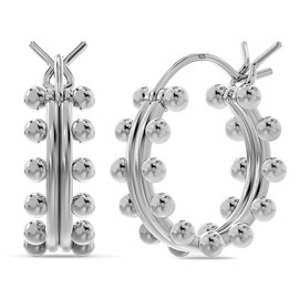 LeCalla 925 Sterling Silver Small Chunky Hoop Earrings for Teen Women | Rhodium-Plated Double Beaded Hoop Earrings | Classic Click-Top Hoop Earring 15 MM