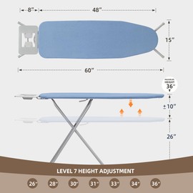 STO STO Ironing Board Full Size 48" x 15" with Iron Holder, 7 Height Options 26" to 36", Space Saving Foldable Iron Board with Removable Covers and Reinforced Steel Legs, Blue