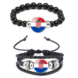 Ykonuyis Croatia Flag Metal Black Beaded Elastic Rope Bracelet and Alloy Leather Braided Rope Bracelet Bangl for Men Women Support your country (Red Croatia Croatian)