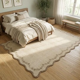 GarveeHome 5x7 Scalloped Area Rug Tan Jute Washable Rugs for Living Room Bedroom, Soft Low Pile Non Slip Neutral Floor Mat Solid Floral Print Throw Rug Farmhouse Indoor Carpet for Dorm Playroom