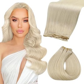 Fshine Genie Weft Real Hair Wefts Platinum Blonde Wefts Real Hair 35 cm Real Hair Extensions for Sewing 50 g Real Hair Wefts for Sewing Blonde Colour 60