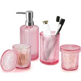 Pink Bathroom Accessories Set, 4 Pcs Glass Bathroom Accessory Set, Pink Soap Dispenser and Toothbrush Holder Set, Qtip Holder Set, Vintage Bathroom Sink Set, Cute Bathroom Decor Housewarming Gift