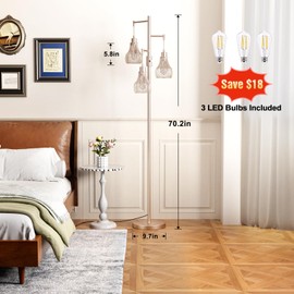 Ziisee Dimmable Floor Lamps for Living Room, Industrial Tree Standing Tall Lamps with 3 Elegant Cage Shade & 650 Lumens LED Bulbs for Bedroom Office - Light Gold