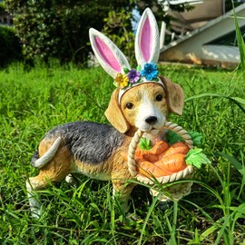 Cynkeyee Dog Garden Statue Decoration - Cute Puppy Beagle Statues with Bunny Ears Carrot Basket Figurines for Tabletop Self Floor Indoor Decor 11.5x4x10.5 inch