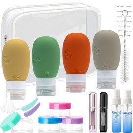 Juego de 18 Botellas De Viaje De Silicona, botellas a prueba de fugas de 3.4 onzas/90 ml con etiqueta botellas de viaje portátil, sin BPA, kit de viaje recargable, travel essentials (Estilo E)