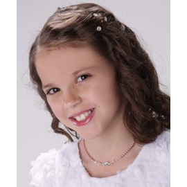 Sterling Silver Child's CTR Necklace for Girls with Pink Simulated Pearls and Crystals (12+2" Extender)