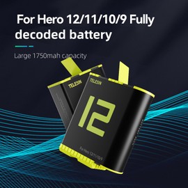 TELESIN° Batteries for GoPro 12 11 10 9 Charger Accessories, 2-Pack Relacement Battery Rechargable Large Capacity Long Lasting for Go Pro Hero 12 11 10 9 Black Original Camera Accessory