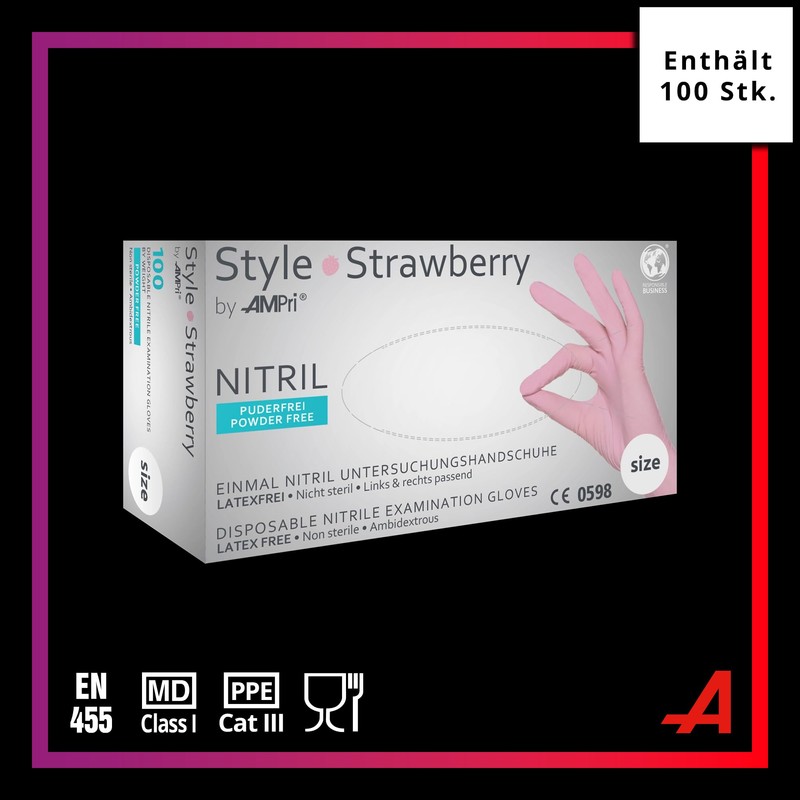 AMPri Med-Comfort Strawberry Nitrile Gloves, Pink, 100 Pieces/Box, Size XS,
