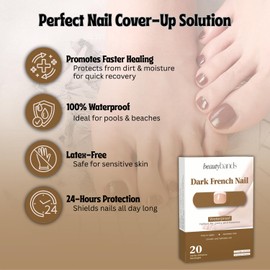 BeautyBands Toe Nail Cover Up Bandages for Unsightly, Broken or Cracked Toenails | Waterproof & Sterile Fake Nail Protector (Dark French)