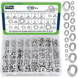 Vifmy Metric & SAE Spring Lock Washers Assortment Kit(1780Pcs), M2 M2.5 M3 M4 M5 M6 M8 M10 M12#4#6#8#10#12 1/4" 5/16" 3/8" 1/2" Metric SAE Split Lock Washer Set, 304 Stainless Steel Lock Washer