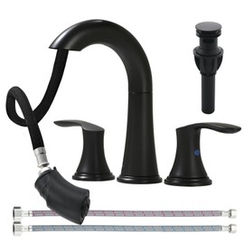 FROPO Bathroom Faucet with Pull Out Sprayer, Matte Black 3 Hole Basic Sink Faucet with 360 Swivel Widespread Spout, 14'' Pull Down Hose & Pop-Up Drain for Bathroom Kitchen Rv Lavatory Vanity Sink
