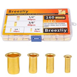 Breezliy 160pcs Tube OD(1/4" 5/16'' 3/8" 1/2") Brass Compression Insert,Brass Compression Fitting Assortment Kit , Insert Tube Support Compression Sleeve Fitting