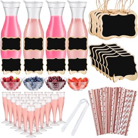 Mumufy 82 Pcs Mimosa Bar Supplies Plastic Water Carafe with Lids Plastic Champagne Flutes Pitchers for Drinks with Serving Bowls Serving Tongs Chalkboard Stickers Straws (Mixed Colors, Groovy)