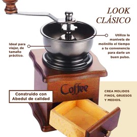 Mebix TRD Molino de café Manual para Molido Fino, Medio y Grueso | Diseño Portátil Retro Vintage de Madera con Mango de Acero Inoxidable