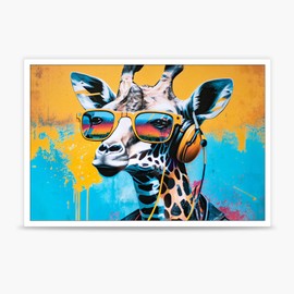 Bittiler - Póster colorido con graffiti de animales para pared, diseño de jirafa con anteojos de sol y auriculares, moderno y estético para habitación de niños, decoración de pared, 12 x 16 pulgadas,
