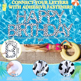 VioraWhite 20'' Happy Birthday Float Large Pool Party Cow Print Inflatable Floats Letters Decoration with 40 Adhesive Dots and Pump for Pool Summer Hawaii Luau Birthday Party