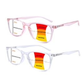 BONCAMOR 2 Pack Progressive Multifocus Reading Glasses Men and Women Computer Blue Light Blocking Anti Eyestrain Readers(Pink Clear, 4.0)