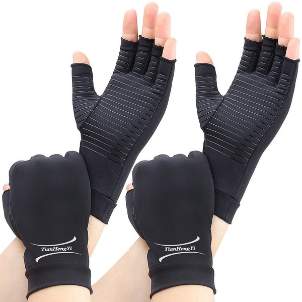 2 Pairs Copper Arthritis Gloves for Women, Compression Gloves for Men for Pain, Fingerless Hand Gloves for Carpal Tunnel, Crochet, Relieve Pain, Swelling, Support Wrist and Joint, Typing (Medium)