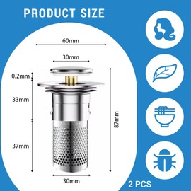 Pack of 2 Sink Plugs for 34-40 mm Drain Drain Plug Sink with Hair Strainer, Universal Pop Up Drain Strainer Shower Quick Drain, Drain Plug for Countertop Sinks