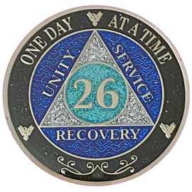 (Years 1-50) 26 Year AA Recovery Silver Color Plated Glitter Medallion, Black Rainbow, Blue, Silver Glitter Coin, Epoxy Covered (AA 26 Year Glitter Medallion)