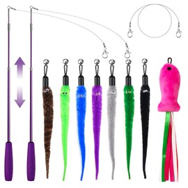 Juguete para gatos con plumas de gato interactivas, 2 varitas retráctiles para gatos con 8 recambios surtidos y una línea de repuesto