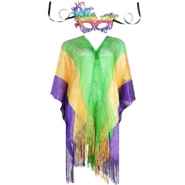 Frienda Mardi Gras Decorations Mardi Gras Poncho Shawl Scarf Shimmering with Face Covers for Masquerade Party Purple Yellow Green Masquerade Costume Accessories Set