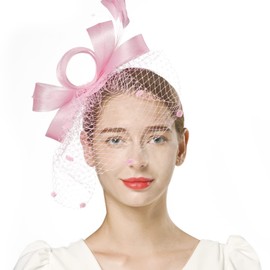 FELIZHOUSE Bowknot Fascinator Hat for Women Feathers Veil Mesh Mesh Headband Tea Party Derby Wedding Cocktail Hair Clip Pink