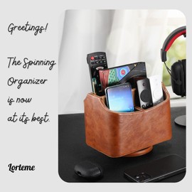 Lorteme Remote Control Holder, Spinning Desk Organizer, Nightstand Bedside Caddy for TV Remotes/Tablets/Phones/Eyeglasses/Books/Pens - Brown