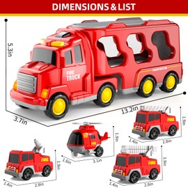 KukuFun Car Toy Truck for Toddlers Boys Girls 1 2 3 4 5 6 Years Old, 5 in 1 Toddler Trucks Toys for Boys Age 1-3 3-5, Boy Toys Christmas Birthday Gift Car Sets with Light Sound (Fire Truck)