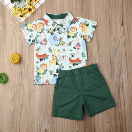 Geagodelia Toddler Boys Summer Outfits Short Sleeve Lapel Button T-shirts Shorts Set Little Kids 2pcs Cartoon Animal Print Clothes (Green, 4-5 Years)